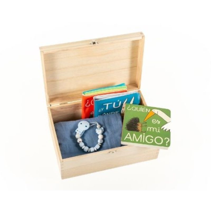 Colección caja madera personalizada + chupetero + muselina + libro