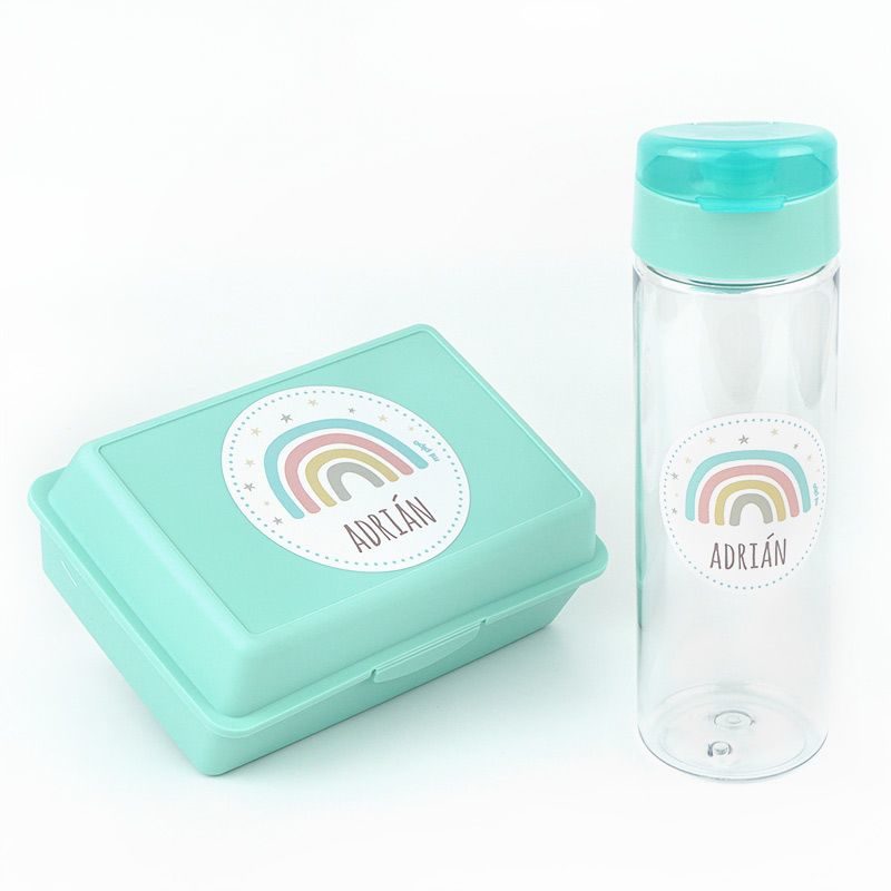 pack-botella-600ml-fiambrera-infantil-arcoiris-menta-personalizadas