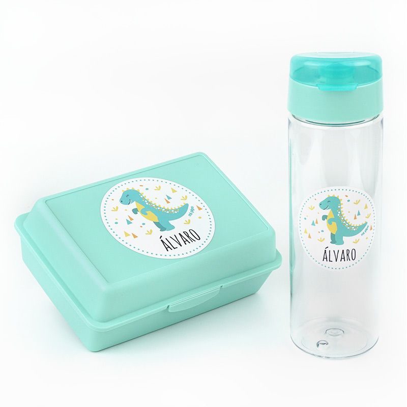 pack-botella-600ml-fiambrera-infantil-dinosaurio-menta-personalizadas